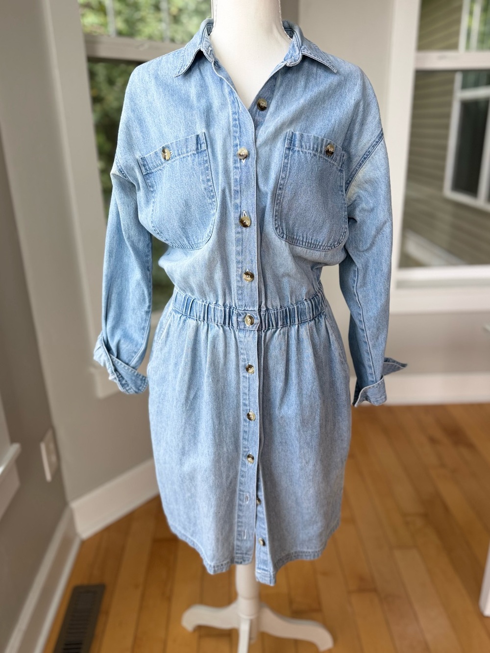 Vintage 80s FADS Light Blue Cotton Denim Long Sleeve Button Front Shirt Dress M
